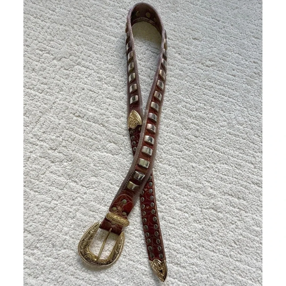 Vintage Brown Croc Leather Western Belt Brass Metal Mesh Studs Ornate Buckle 30